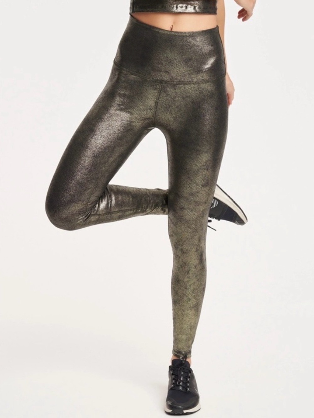 Beyond Yoga Women's Leatherette High Waisted Midi Legging| gold/black foil|